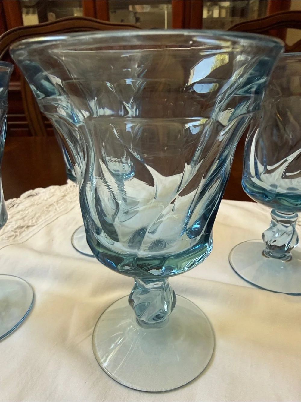 Vintage set of 4 Fostoria Jamestown Blue Stemmed soda sandae footed  Glass